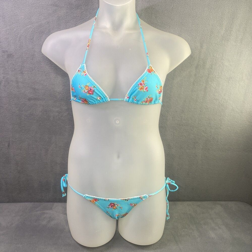 AGUA DOCE Brazilian 2-pc Bikini Size Medium Blue Flowers Lace Trim Hip Tie